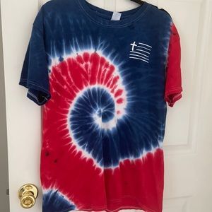 Tie dye red white and blue t shirt with cross / flag design